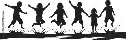 Silhouette of happy family jumping together in grass