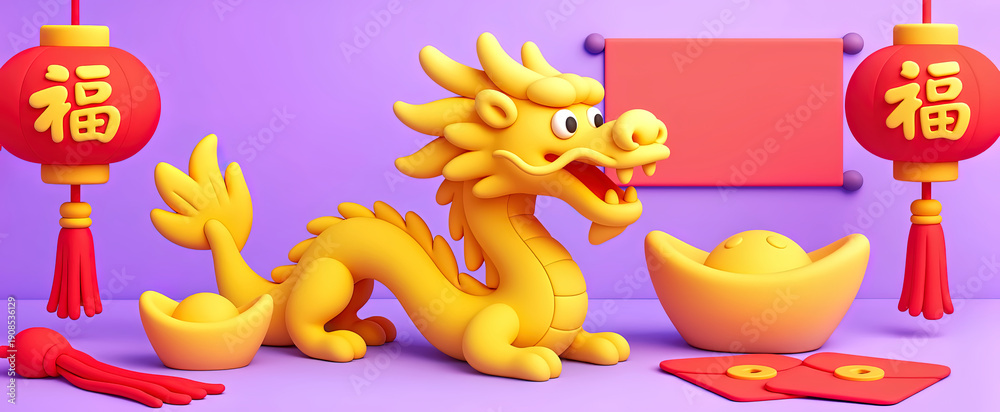 Obraz premium Chinese New Year banner with cute 3D golden dragon, lanterns, and gold ingots on purple background. 3D render style with red envelopes and a blank red scroll for copy space. 