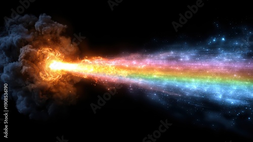 An intense, circular burst of fiery orange energy explodes in the darkness, generating a spectacular stream of vibrant, pixelated rainbow light.