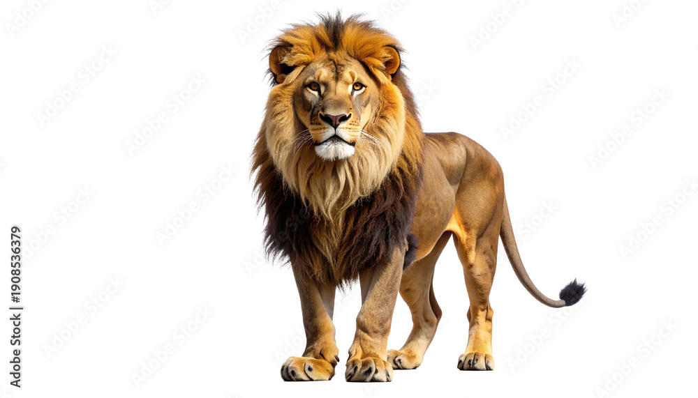 Obraz premium Full-length portrait of a majestic male lion with a magnificent mane standing and staring forward. Powerful wildlife predator and king of beasts isolated on a transparent background.