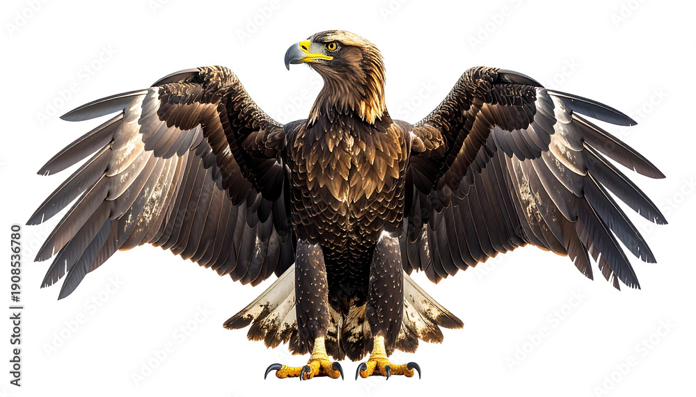 Obraz premium Majestic golden eagle standing with wings fully spread out. This powerful bird of prey is shown in a frontal view, a symbol of freedom and power, isolated with a transparent background.