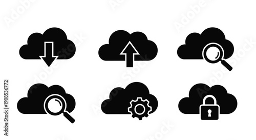 Cloud icons with arrows magnifying glasses and locks silhouette