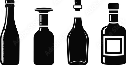 Black silhouette vector illustration of four different bottle shapes with distinct caps, packaging design icons for product identification