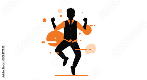 Jumping man in a hoodie with arms raised a black silhouette