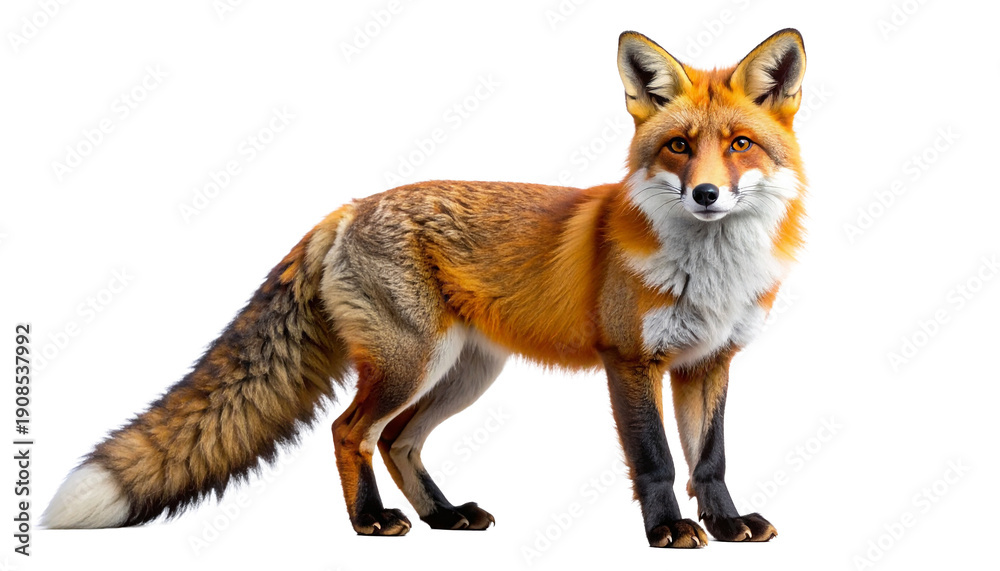 Fototapeta premium A stunning full-body portrait of a majestic red fox standing proudly and looking directly at the camera. This realistic wildlife mammal is isolated on a clean transparent background.