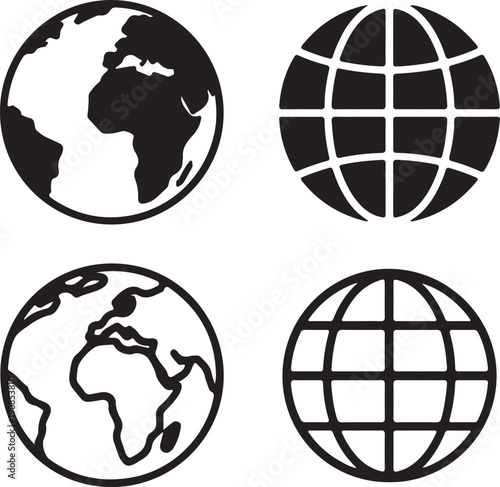 Four black icons depicting different styles of the Earth globe and world map representations