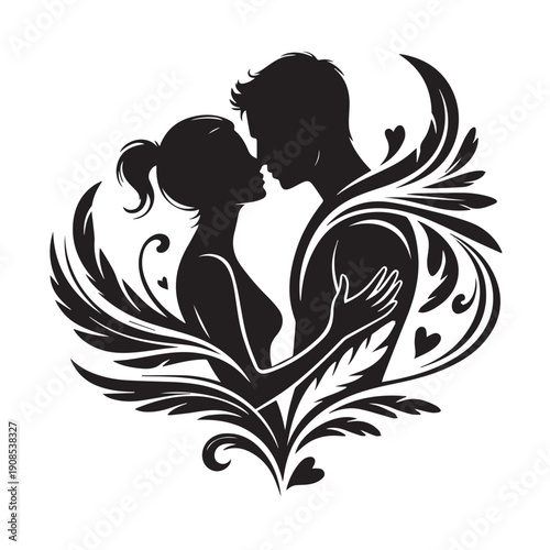 Couple kissing silhouette with decorative floral elements, romantic vector illustration of passion and intimacy, love relationship concept