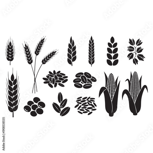 Grain and Cereal Crops Silhouettes - Agriculture Vector Icon Set