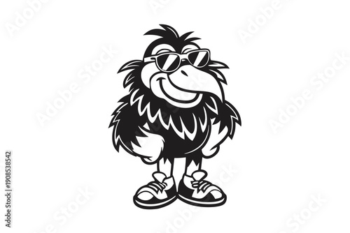 Cartoon Crow Mascot with Sunglasses, Sneakers Black and White