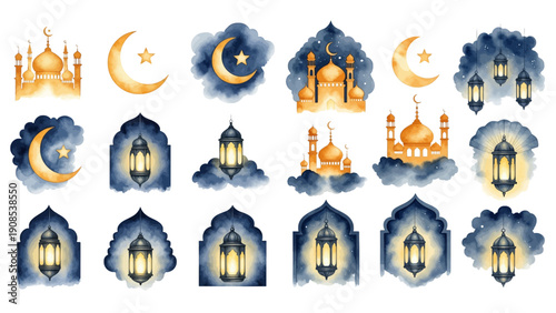 A charming watercolor collection of serene Ramadan elements, featuring crescent moons, hanging lanterns, stars, and golden mosques.
