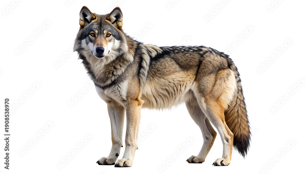 Obraz premium Full body shot of a majestic gray wolf, Canis lupus, standing and looking at the camera. This wild predator is isolated on a studio transparent background, perfect for wildlife projects.