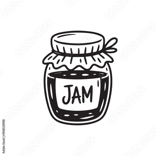 Doodle style hand drawn illustration of glass jar of jam with a fabric lid cover and label, sweet fruit spread in container, black and white line art sketch