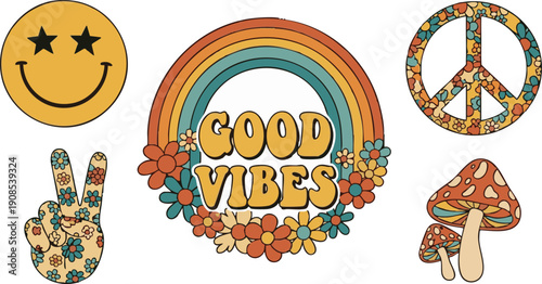 Retro 70s Good Vibes and Happiness Badge Icon Collection