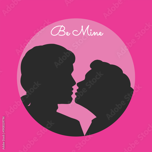 Couple silhouettes about to kiss on Valentine's Day, vector illustration, romantic scene