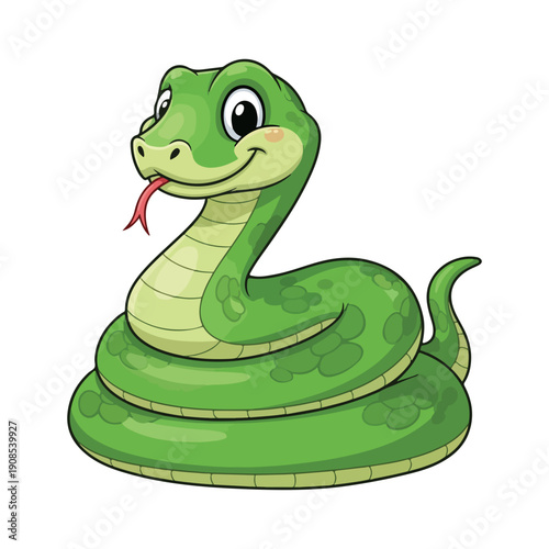 Cute Green Cartoon Snake Coiled Up Smiling Mascot Vector Art