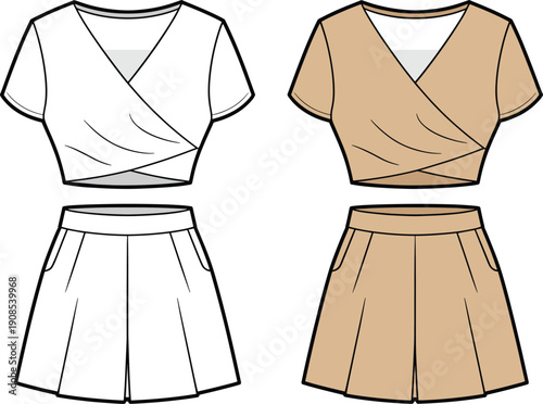 Women wrap crop top and high waist shorts set vector, female summer outfit, casual fashion clothing design, minimalist flat apparel illustration