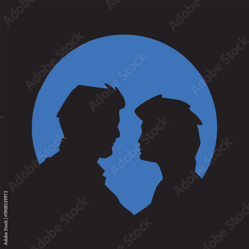 Silhouetted couple facing each other against a blue moonlit sky vector illustration