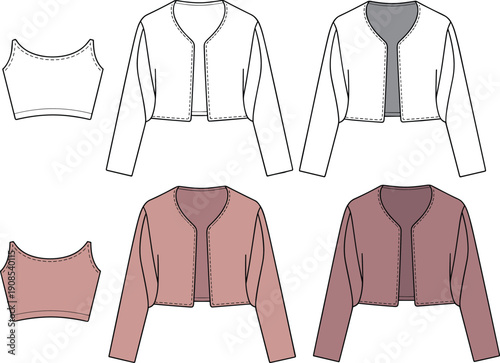 Women cropped jacket and crop top set vector, female short cardigan outfit, modern fashion apparel technical flat illustration
