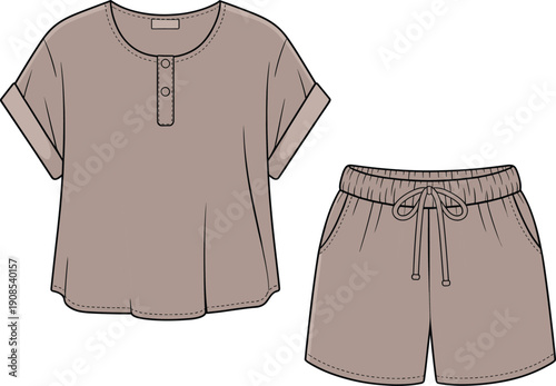Women casual t shirt and shorts set vector, female summer outfit, comfortable lounge wear, minimalist fashion clothing technical flat illustration