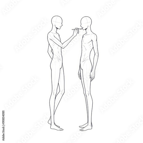 Slim Figures Feeding Each Other with a Spoon Line Art