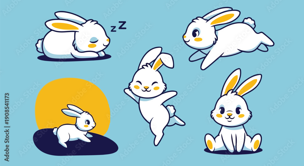 Obraz premium Funny white bunny characters in action poses running sleeping and playing