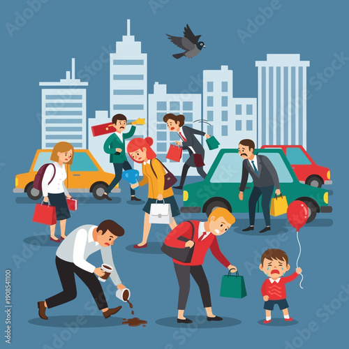 Stressed city commuters, busy street life, traffic jam, people with shopping bags, sad child