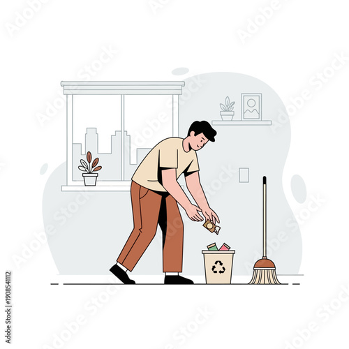 Man throwing trash into bin, cleaning room, recycling symbol, broom nearby