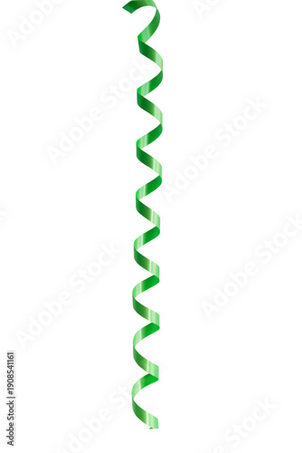 Green serpentine streamer on white background. Party decoration
