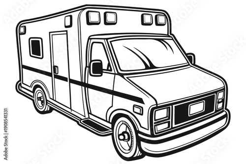 Isolated Black and White Outline of Modern Emergency Ambulance Transportation Van Vehicle