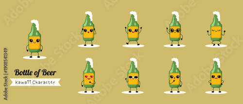 Beer kawaii characters showing various emotions. Colorful beer bottle characters expressing different feelings and moods