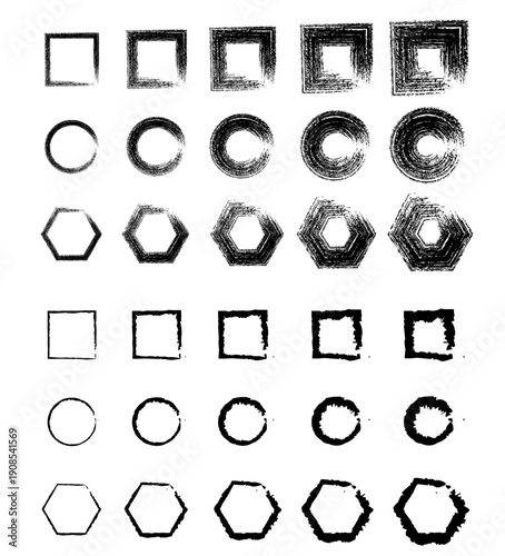 Variations of geometric shapes with different border styles and fill patterns