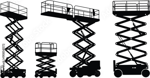 Scissor lift platform silhouette set, industrial hydraulic aerial work lift illustration, construction maintenance equipment, black vector design isolated on white background