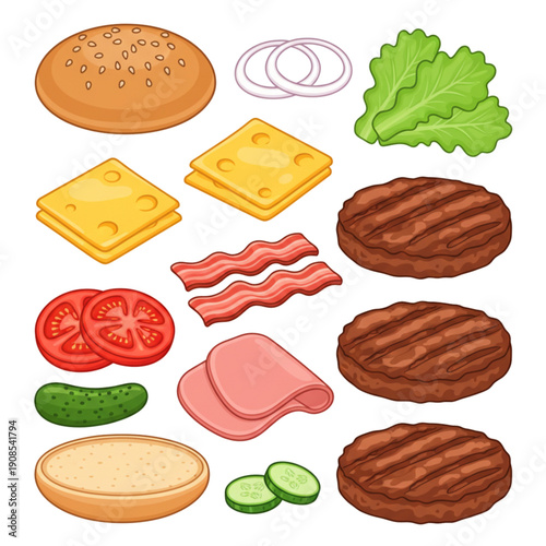 Cartoon burger ingredients vector set isolated on white background