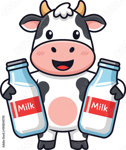 Cute Kawaii Dairy Cow Character Holding Two Bottles of Fresh Milk for Dairy Farm Branding, Organic Milk Product Labeling, and Children Educational Graphic Designs