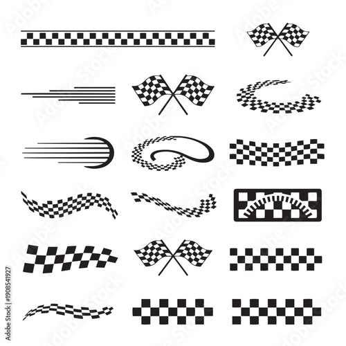 Set of racing flag elements and frames black and white checkered patterns for motorsport and finish line designs on transparent background