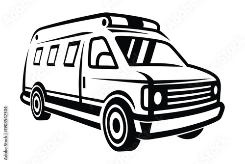Minimalist Ambulance Black and White Vehicle Icon with Medical Cross and Siren on Top