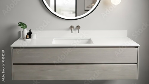 A modern bathroom vanity with a white countertop and sink