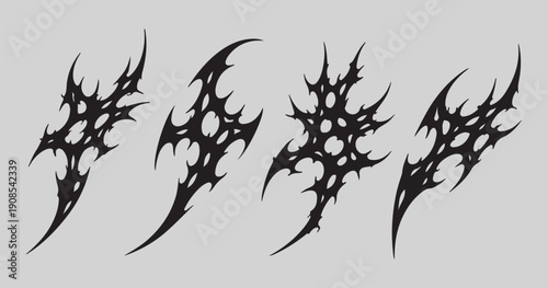 Y2K Cyber Sigilism Tattoo Pack. Liquid Mercury Chrome Flame and Skeletal Web Ornaments. Abstract Neo-Tribal Gothic Shapes. Melted Metal Aesthetic Design Elements for Streetwear Apparel.