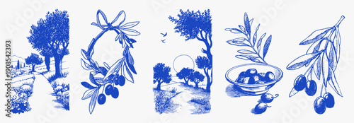 Mediterranean olive grove sketch set blue vintage. Hand drawn trees, branches, wreath, bowl and countryside scenes. Rustic italian food and travel themed line art collection.