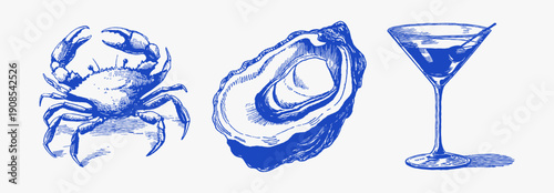 Seafood crab oyster martini cocktail bar icons. Hand drawn blue ink food set. Mediterranean coast dining. Vintage sketch elements for menu, restaurant or packaging design.