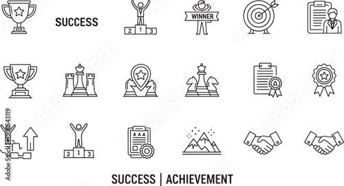 Success and Achievement Line Icon Set: Business Growth, Victory, and Leadership Symbols