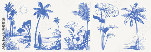 Sunny island coast palms surfboard garden vintage. Hand drawn crayon sketch drawing line art set with tropical plants, beach, sun and sea horizon. Retro summer vacation scenery.