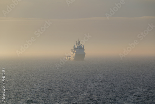 A foggy ship at sea