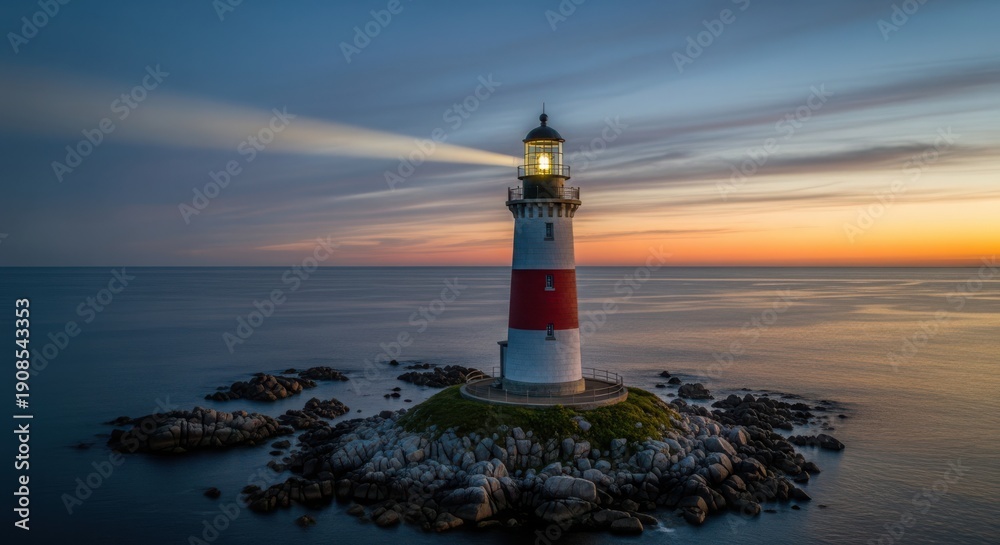 Fototapeta premium A solitary lighthouse stands resilient against the twilight ocean waves