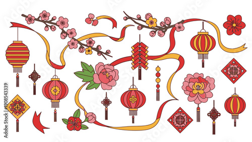 Colorful illustration of Chinese New Year decorations including lanterns, flowers, and ribbons on a white background with a festive mood.