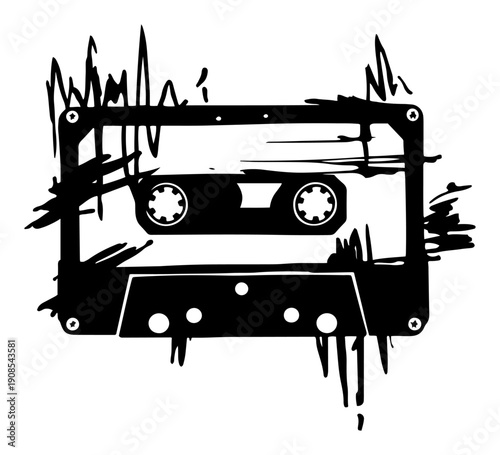 Retro audio cassette tape with grunge ink splatters