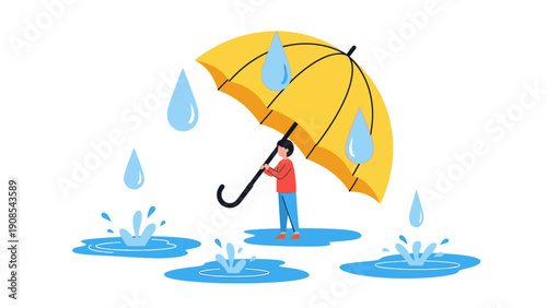 A cartoon person holding a yellow umbrella standing on a white background with rainwater splashing around them.