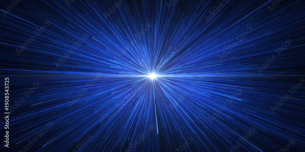 Fototapeta premium Bright radial light beams. Abstract background in blue neon glow color. Light burst in universe. Space background for event, party, carnival, celebration, anniversary or other