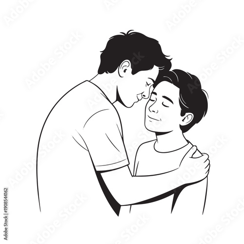 Young gay couple embracing with tenderness. simple black and white drawing of two men showing affection, illustrating same sex love and closeness