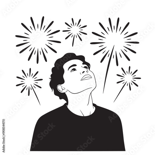 Young man looking up at fireworks, celebration and joy, festive atmosphere, bright sparks and night sky, happy moment.